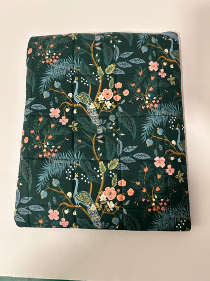 Rifle Paper Co peacock fabric soft tablet case with zipper, quilted book or iPad case metallic peacock fabric