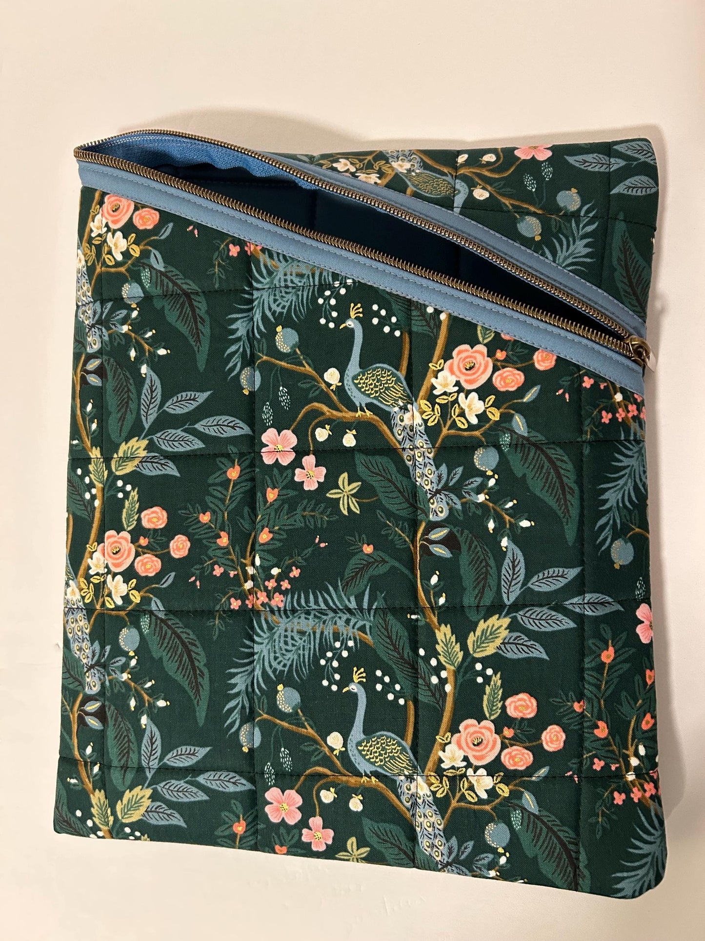 Rifle Paper Co peacock fabric soft tablet case with zipper, quilted book or iPad case metallic peacock fabric