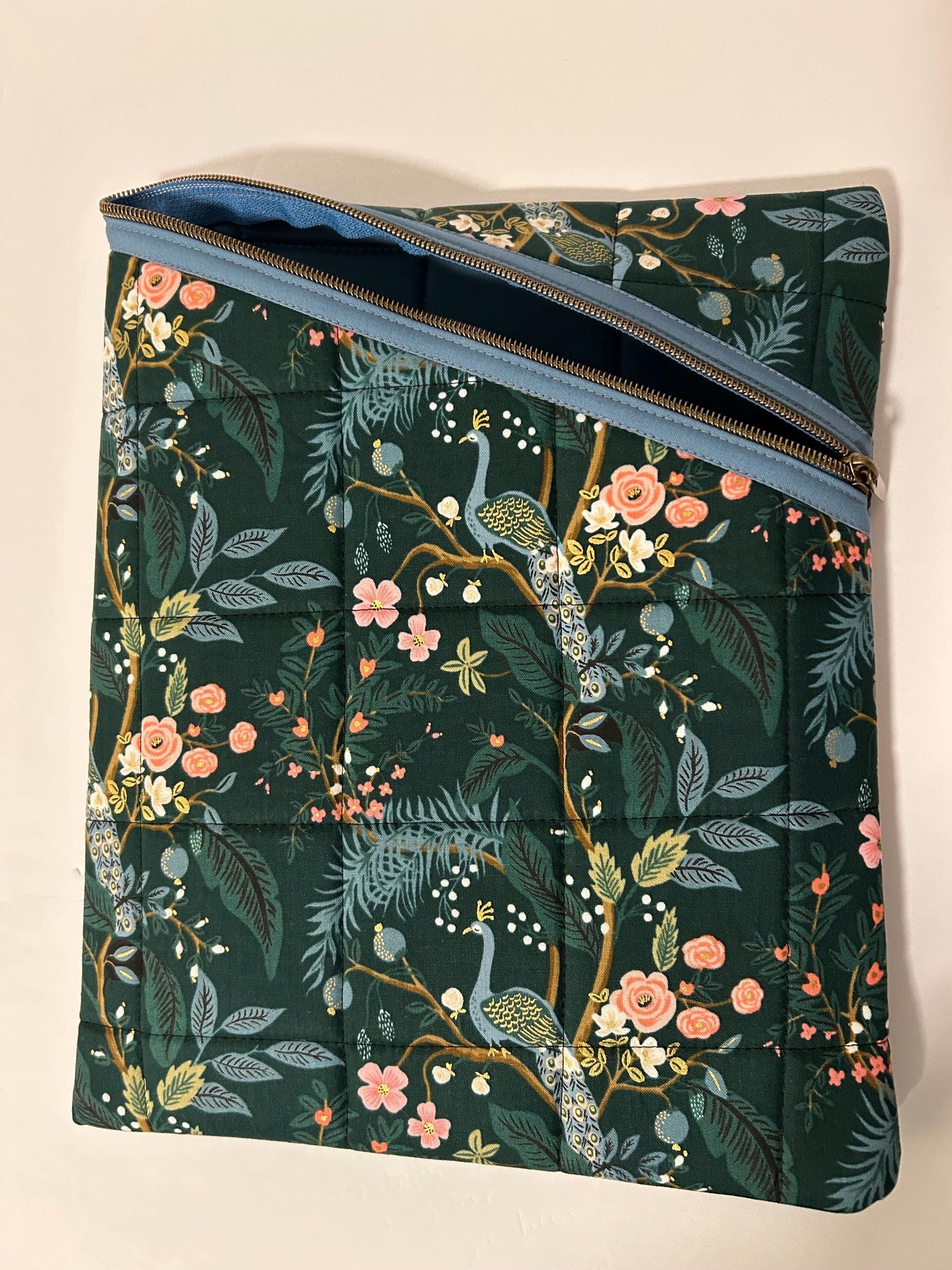 Rifle Paper Co peacock fabric soft tablet case with zipper, quilted book or iPad case metallic peacock fabric