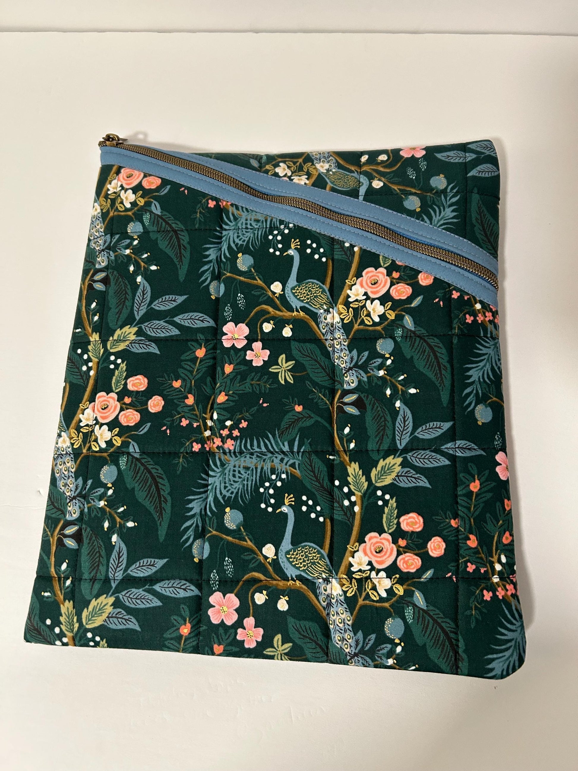 Rifle Paper Co peacock fabric soft tablet case with zipper, quilted book or iPad case metallic peacock fabric