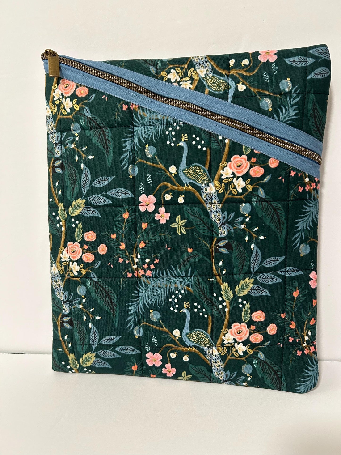 Rifle Paper Co peacock fabric soft tablet case with zipper, quilted book or iPad case metallic peacock fabric