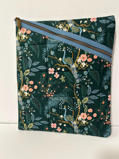 Rifle Paper Co peacock fabric soft tablet case with zipper, quilted book or iPad case metallic peacock fabric