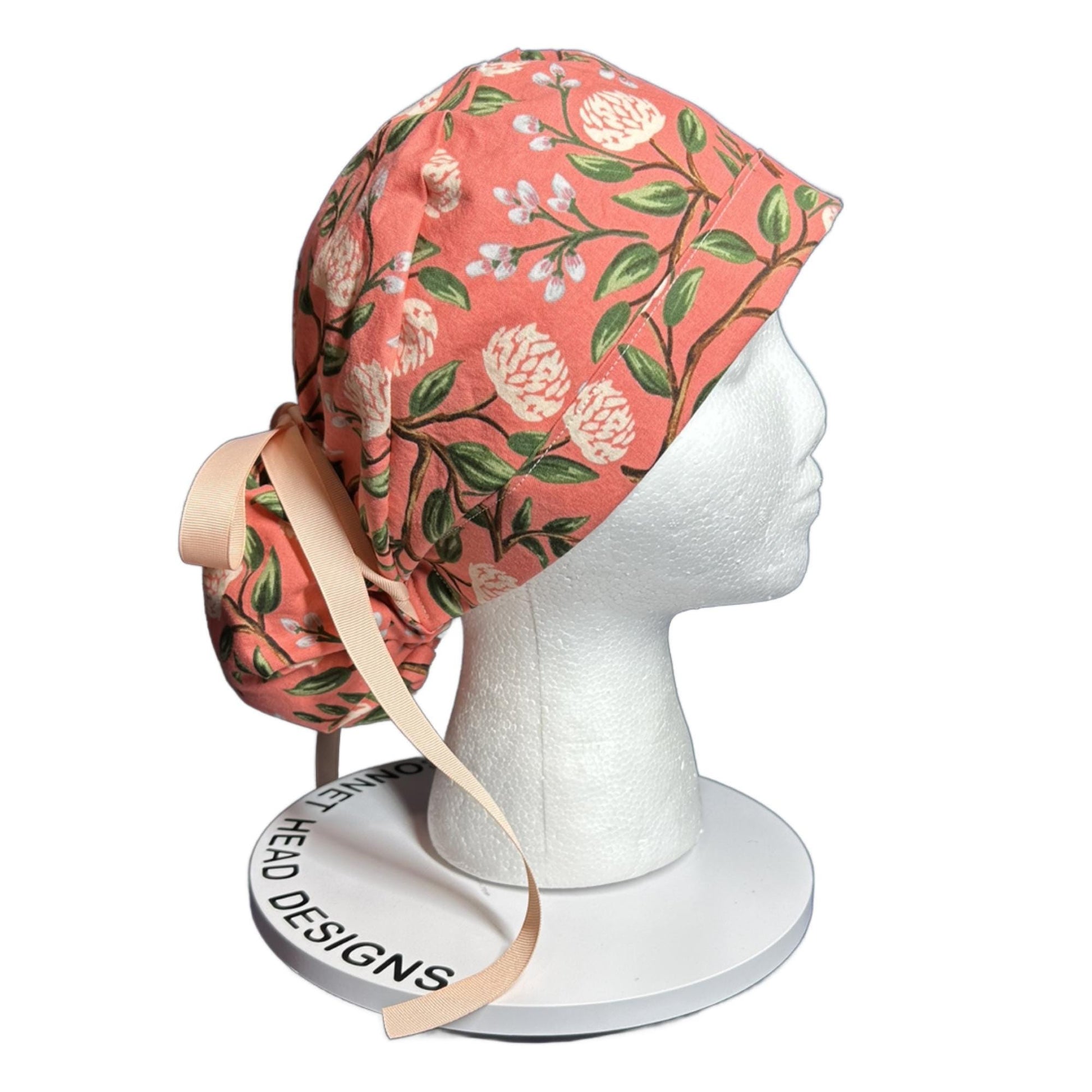 Pink peony spring floral ponytail scrub cap, Rifle Paper Co pink peonies premium scrub hat, Bonnet Head Designs