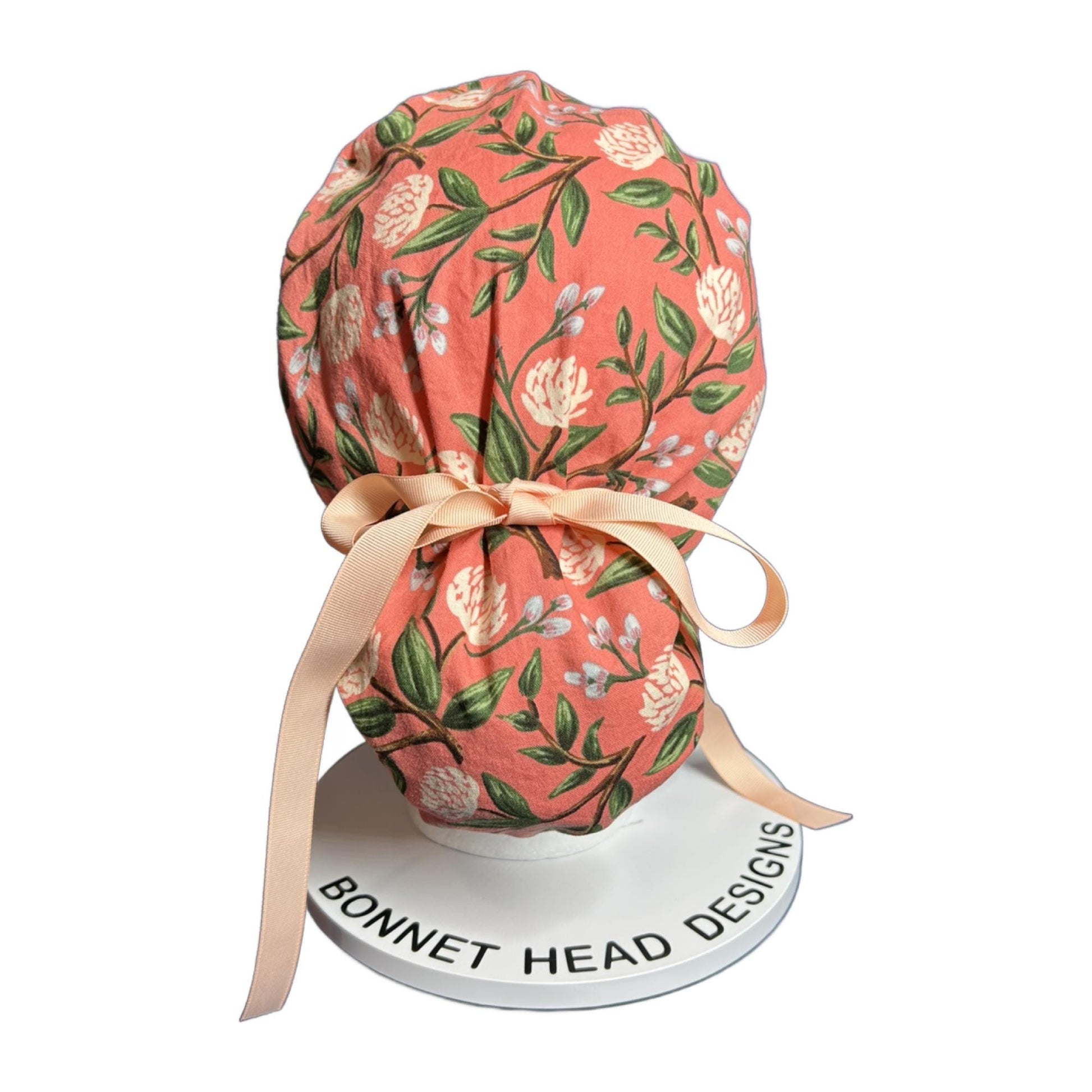 Pink peony spring floral ponytail scrub cap, Rifle Paper Co pink peonies premium scrub hat, Bonnet Head Designs