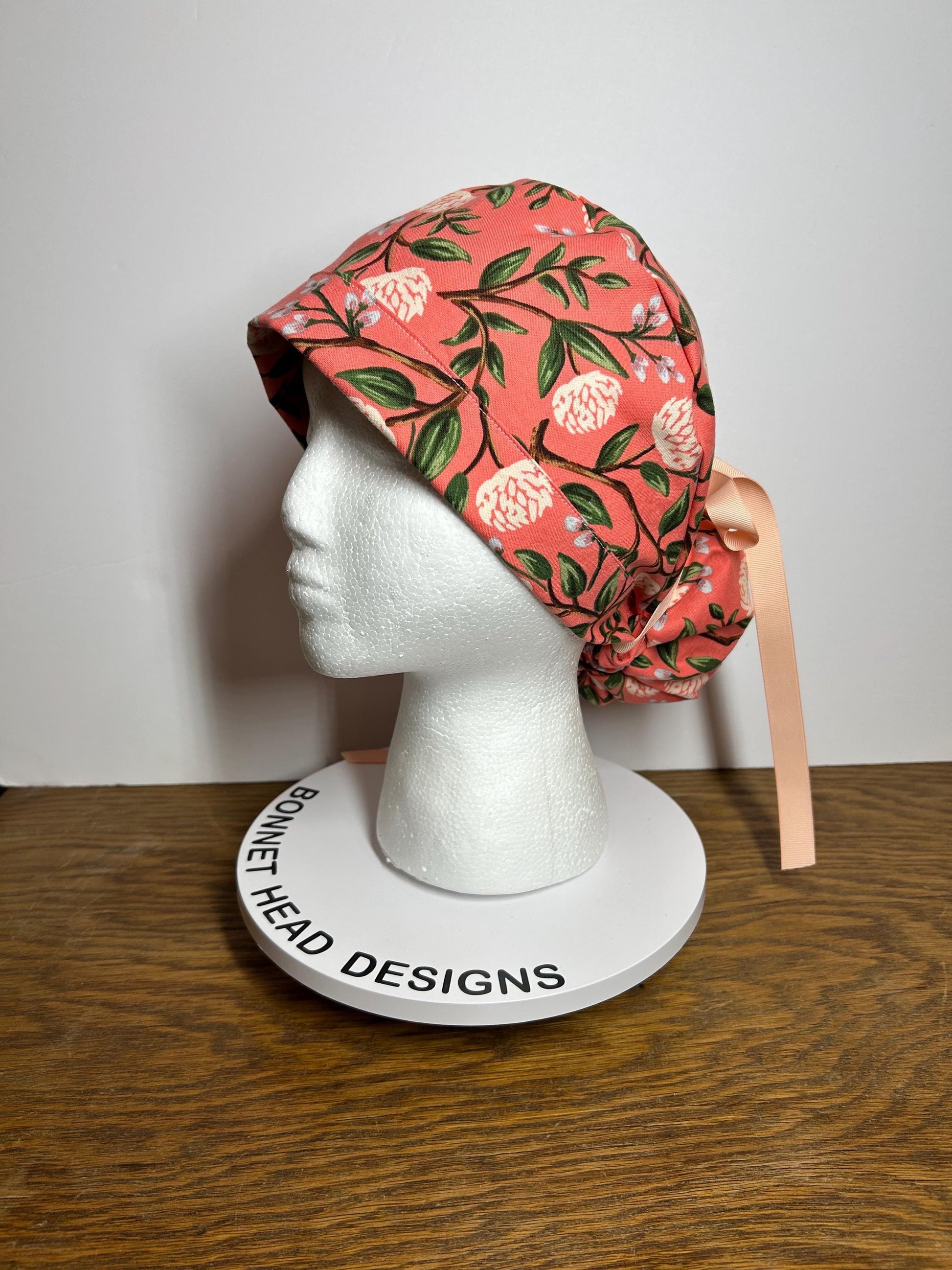 Pink peony spring floral ponytail scrub cap, Rifle Paper Co pink peonies premium scrub hat, Bonnet Head Designs