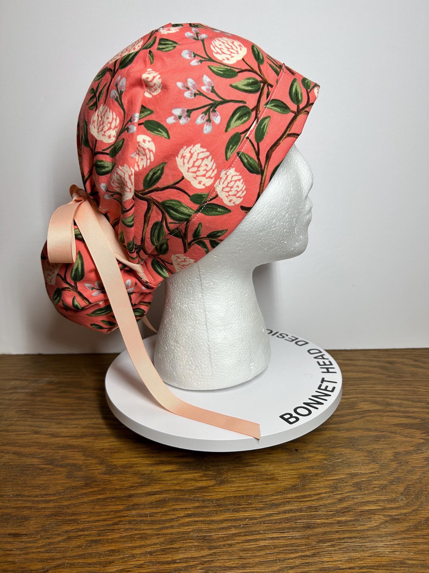 Pink peony spring floral ponytail scrub cap, Rifle Paper Co pink peonies premium scrub hat, Bonnet Head Designs