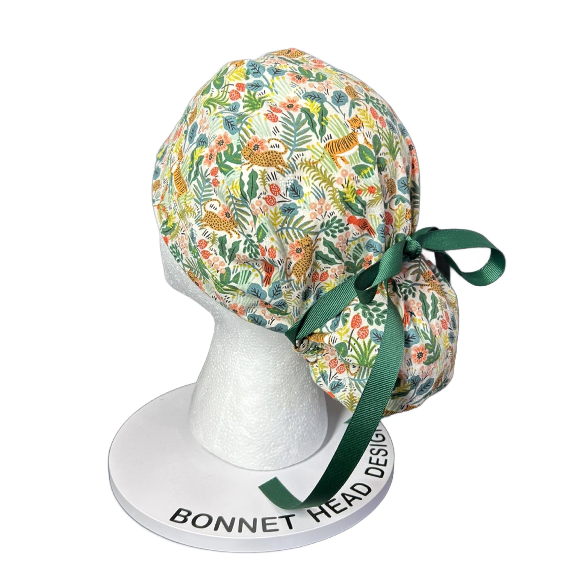 White jungle scrub cap, jungle print scrub cap, tiger print scrub hat, menagerie scrub hat, Bonnet Head Designs
