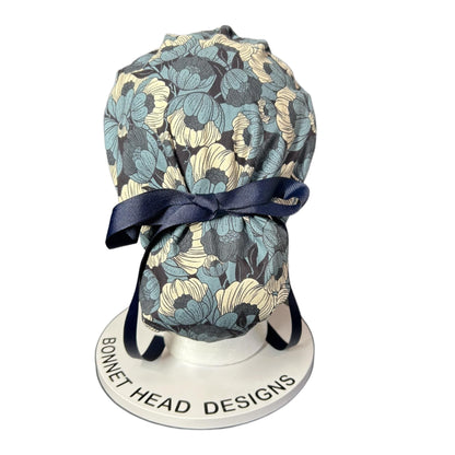 Wild Flora blue ponytail scrub hat, blue floral surgical hat with adjustable pouch, Bonnet Head Designs