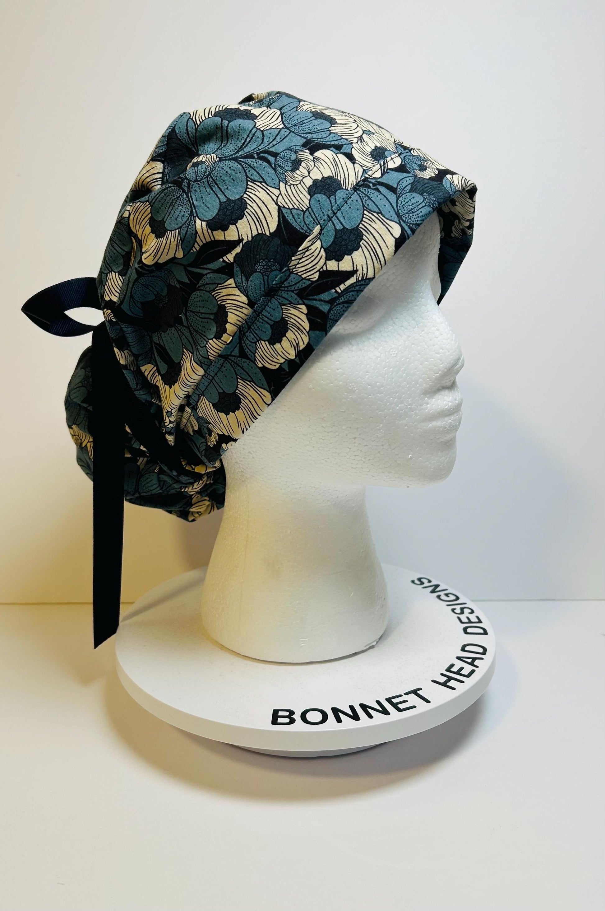 Wild Flora blue ponytail scrub hat, blue floral surgical hat with adjustable pouch, Bonnet Head Designs