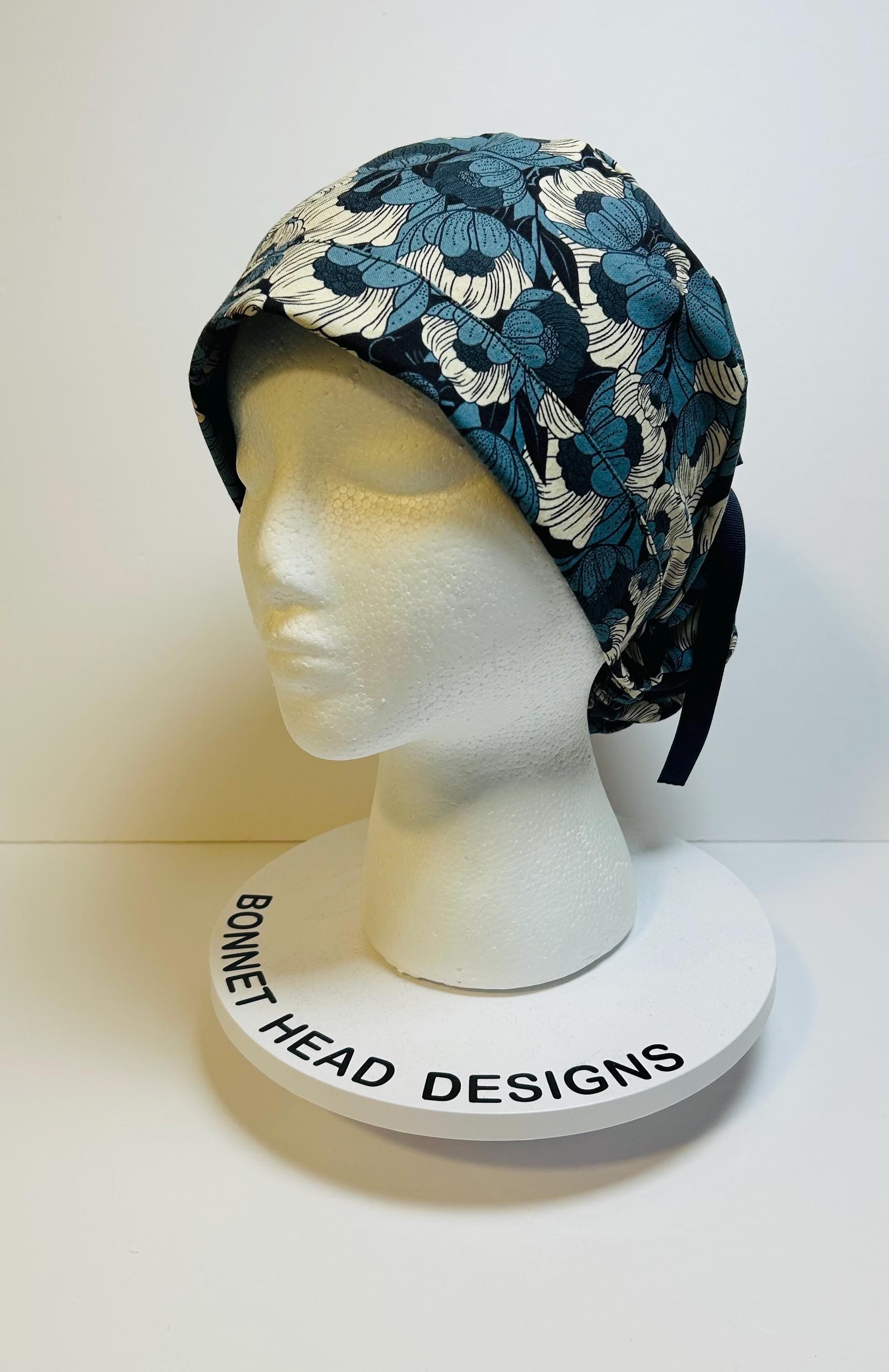Wild Flora blue ponytail scrub hat, blue floral surgical hat with adjustable pouch, Bonnet Head Designs