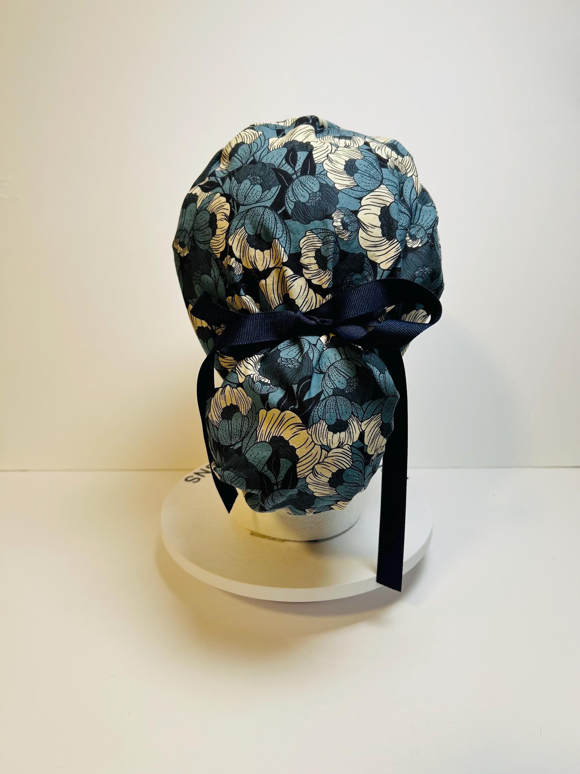 Wild Flora blue ponytail scrub hat, blue floral surgical hat with adjustable pouch, Bonnet Head Designs