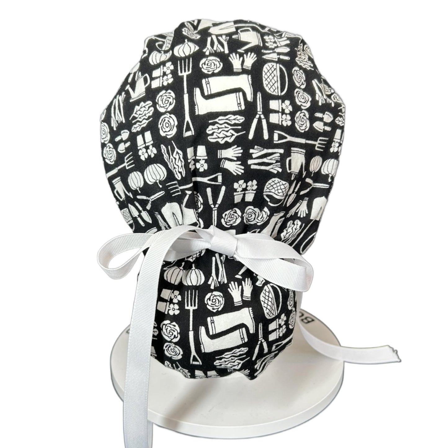 Spring gardening ponytail scrub hat, women’s garden print premium surgical cap, Bonnet Head Designs