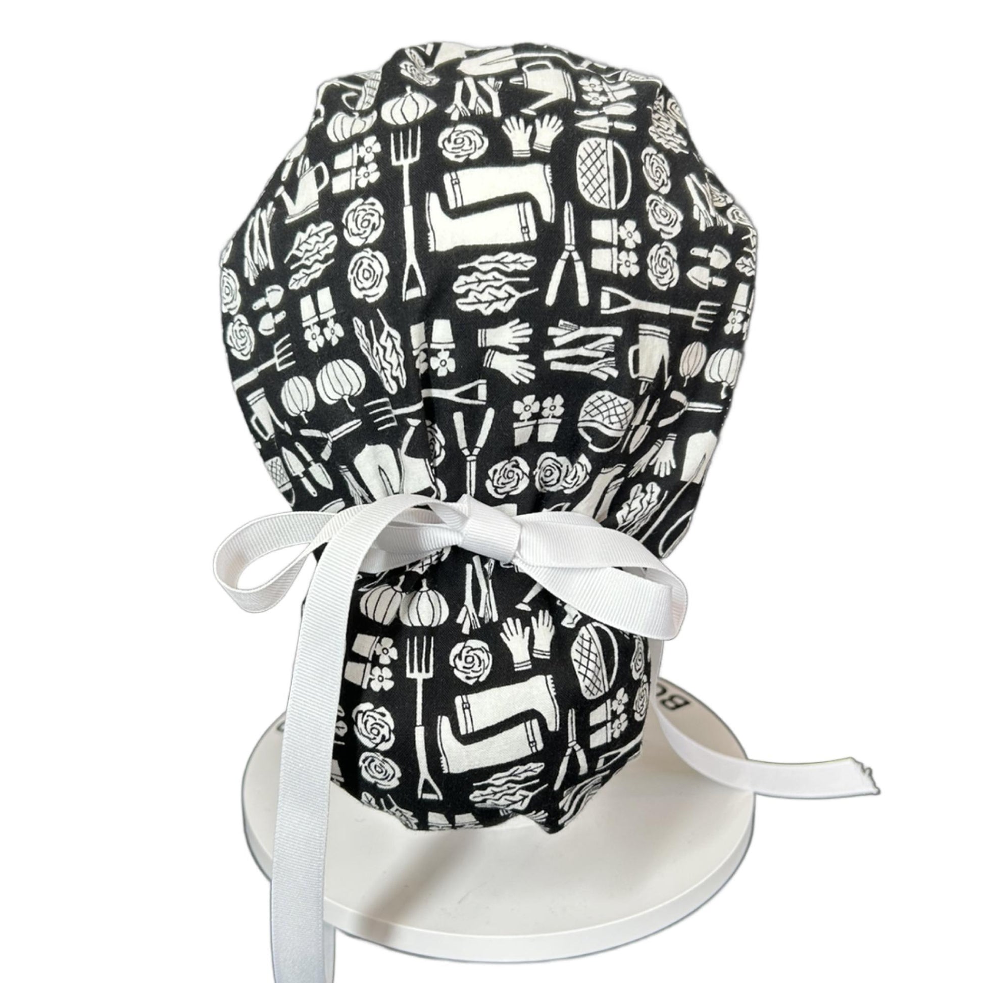 Spring gardening ponytail scrub hat, women’s garden print premium surgical cap, Bonnet Head Designs