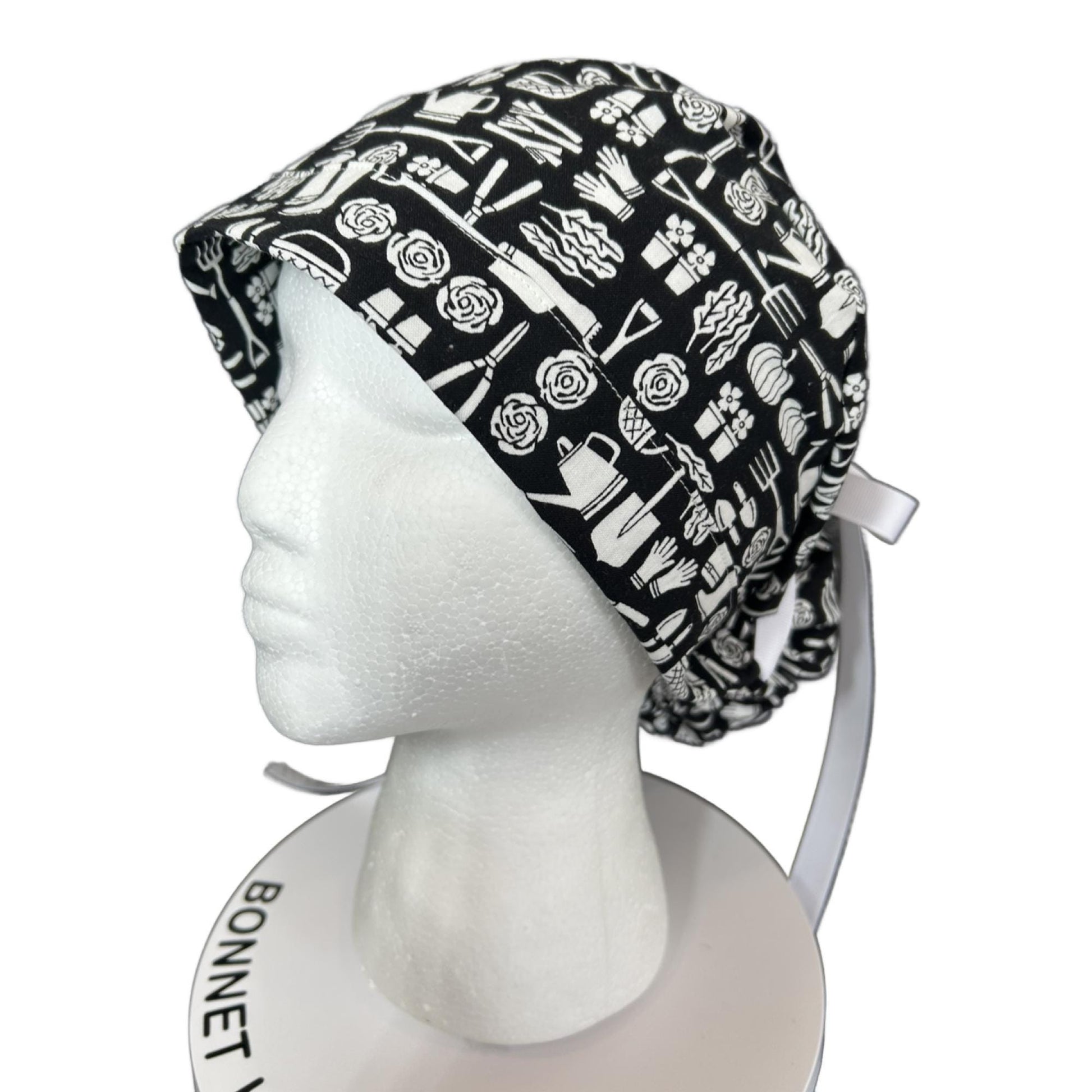 Spring gardening ponytail scrub hat, women’s garden print premium surgical cap, Bonnet Head Designs