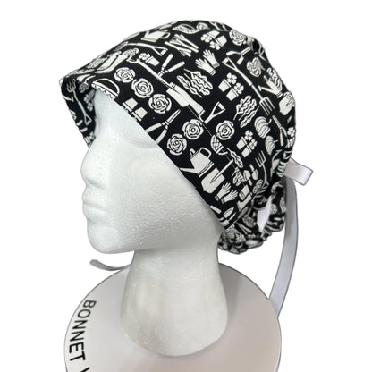 Spring gardening ponytail scrub hat, women’s garden print premium surgical cap, Bonnet Head Designs