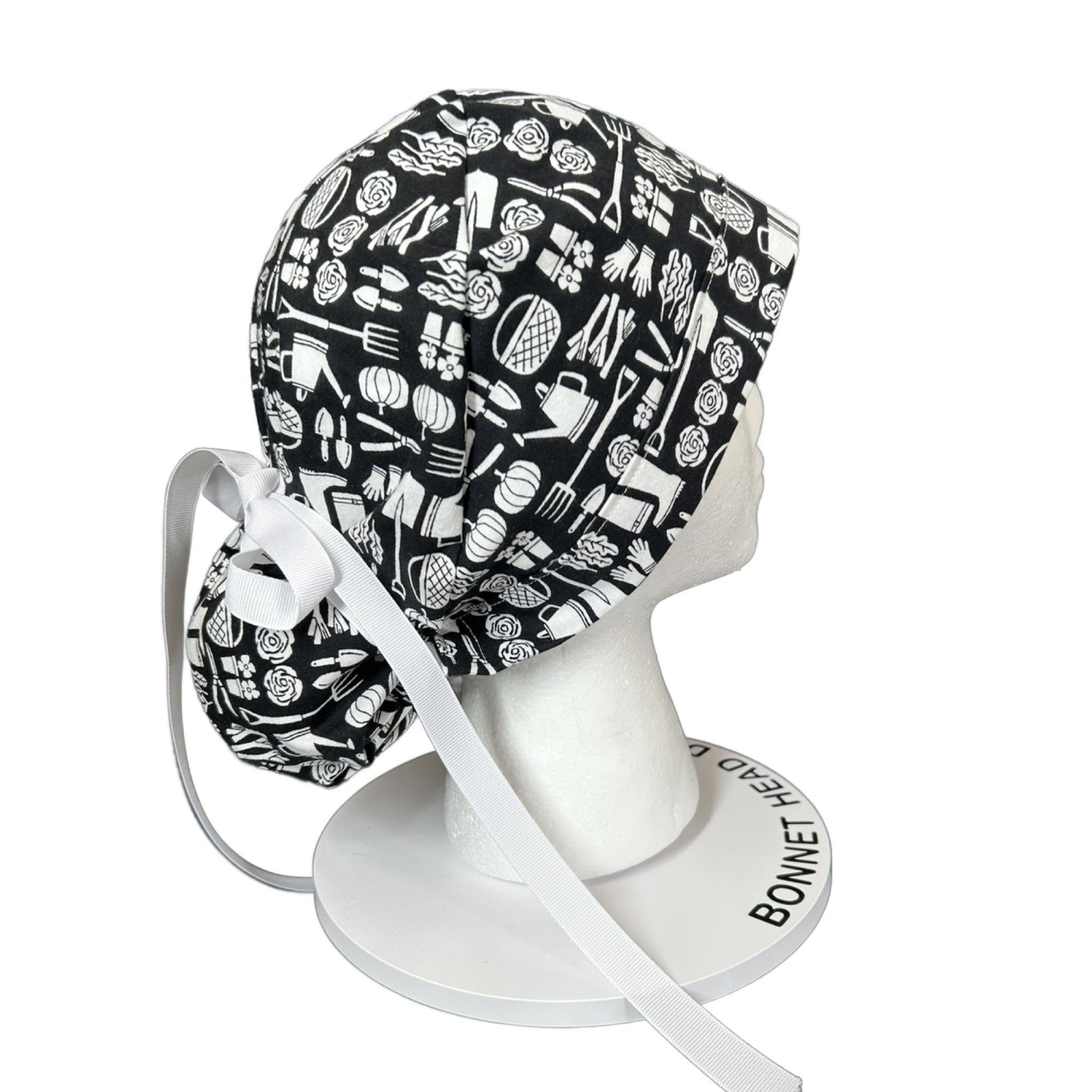 Spring gardening ponytail scrub hat, women’s garden print premium surgical cap, Bonnet Head Designs