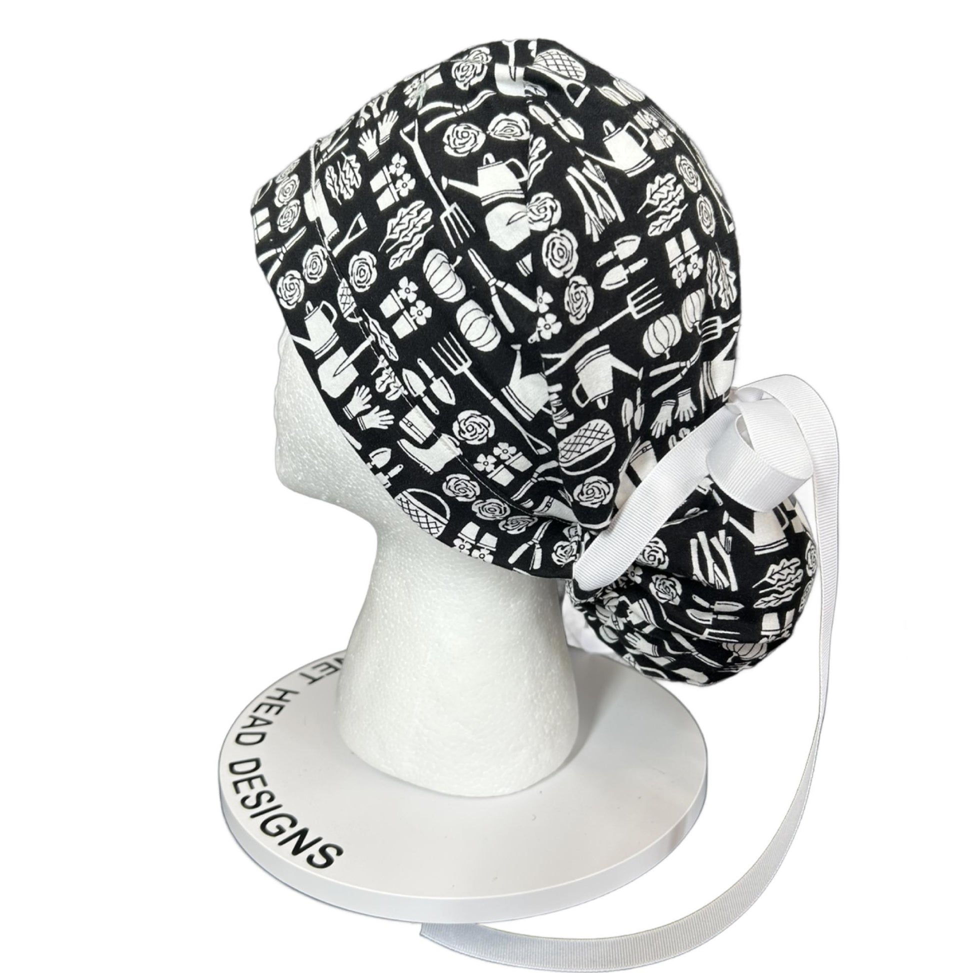 Spring gardening ponytail scrub hat, women’s garden print premium surgical cap, Bonnet Head Designs