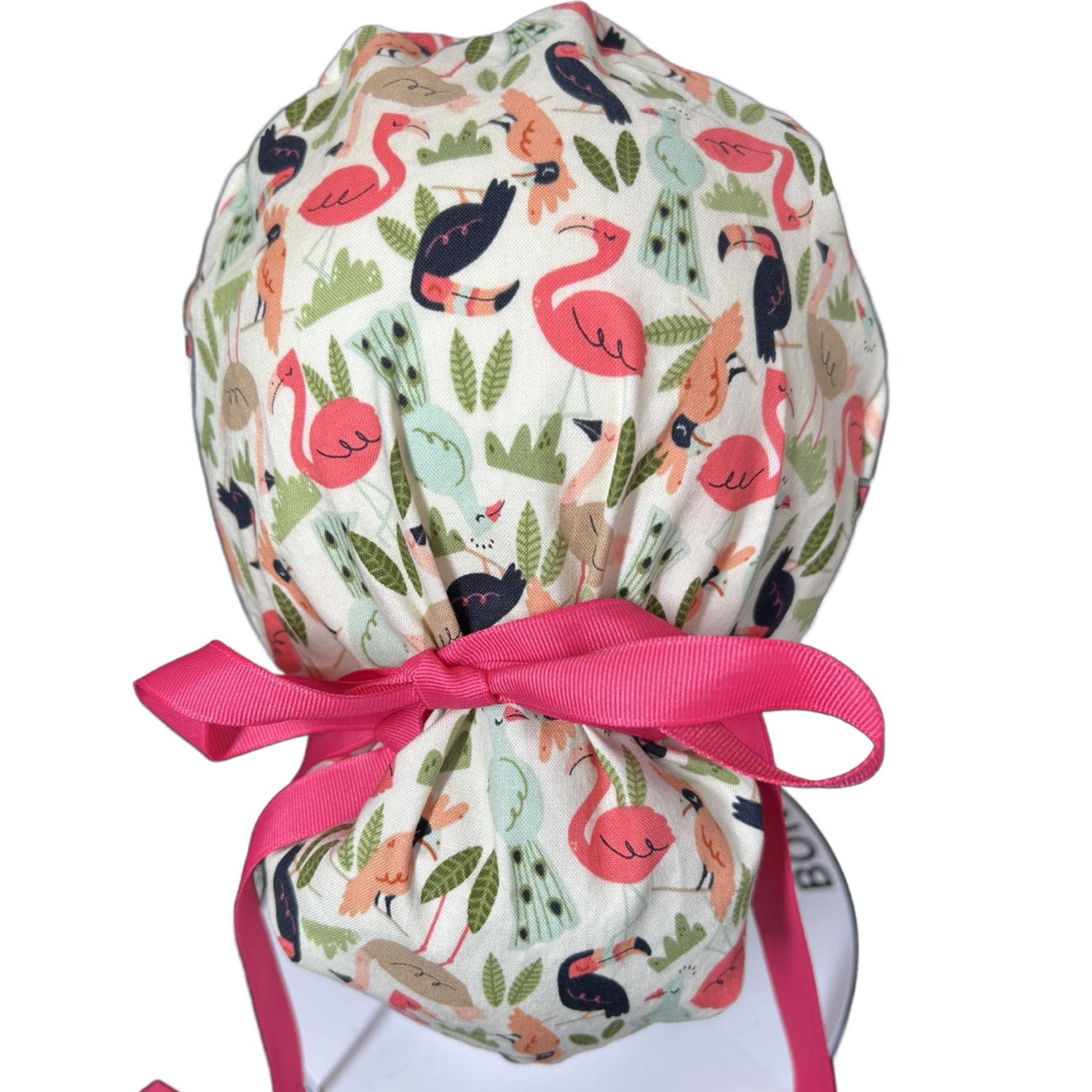 Pink and cream jungle birds scrub cap, women’s bird print ponytail scrub hat, Bonnet Head Designs
