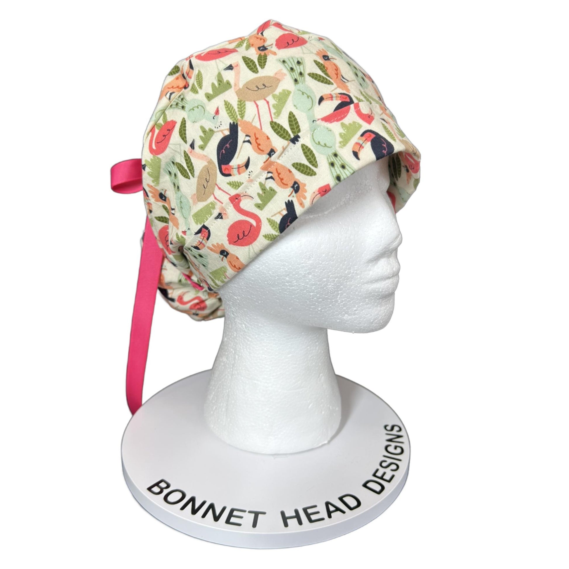 Pink and cream jungle birds scrub cap, women’s bird print ponytail scrub hat, Bonnet Head Designs
