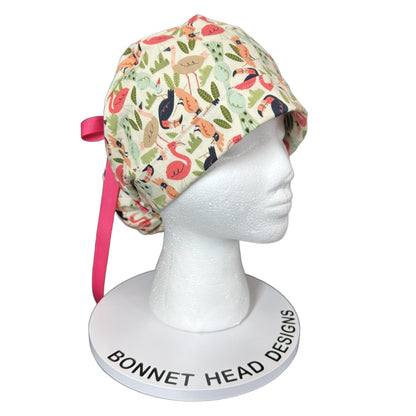 Pink and cream jungle birds scrub cap, women’s bird print ponytail scrub hat, Bonnet Head Designs