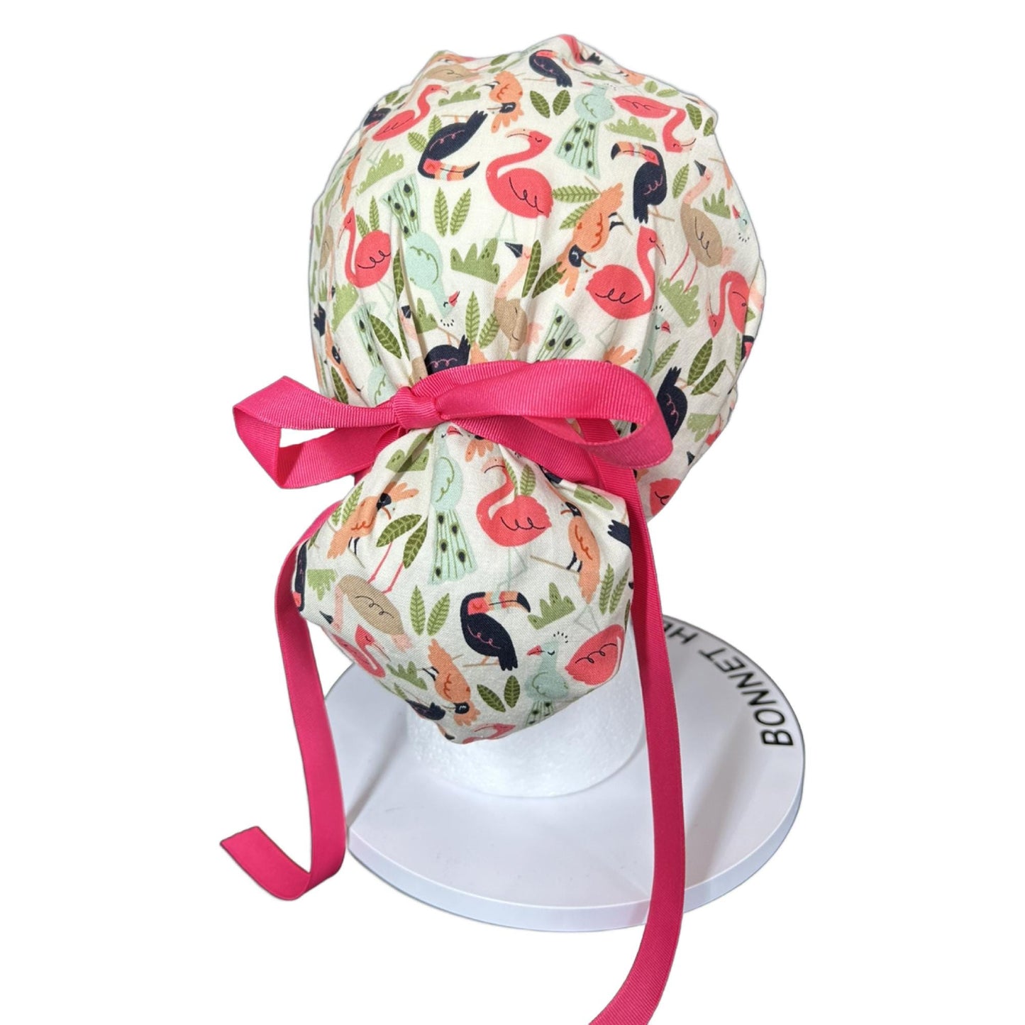 Pink and cream jungle birds scrub cap, women’s bird print ponytail scrub hat, Bonnet Head Designs
