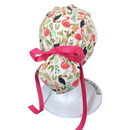 Pink and cream jungle birds scrub cap, women’s bird print ponytail scrub hat, Bonnet Head Designs