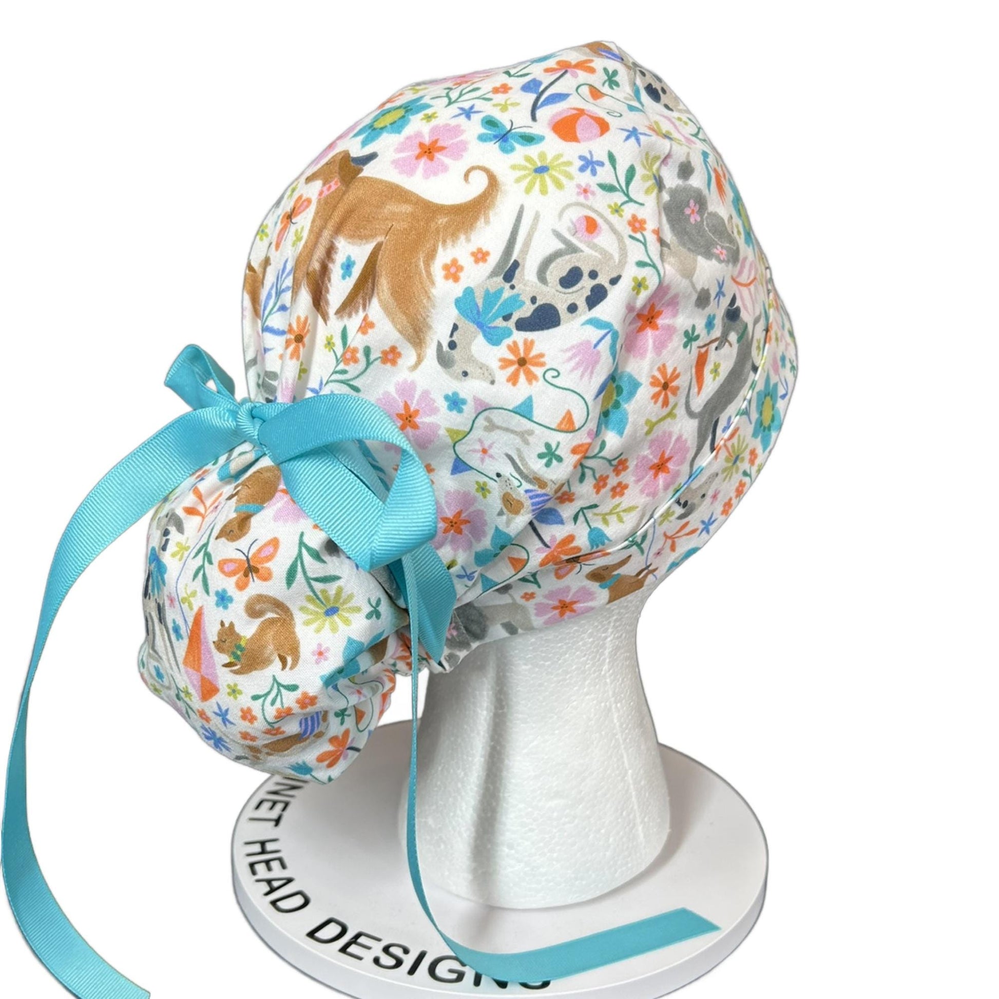 Ruff days spring dog print ponytail scrub cap, floral dog print premium ponytail scrub hat