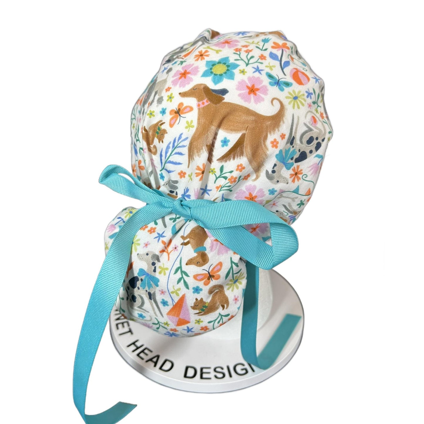 Ruff days spring dog print ponytail scrub cap, floral dog print premium ponytail scrub hat