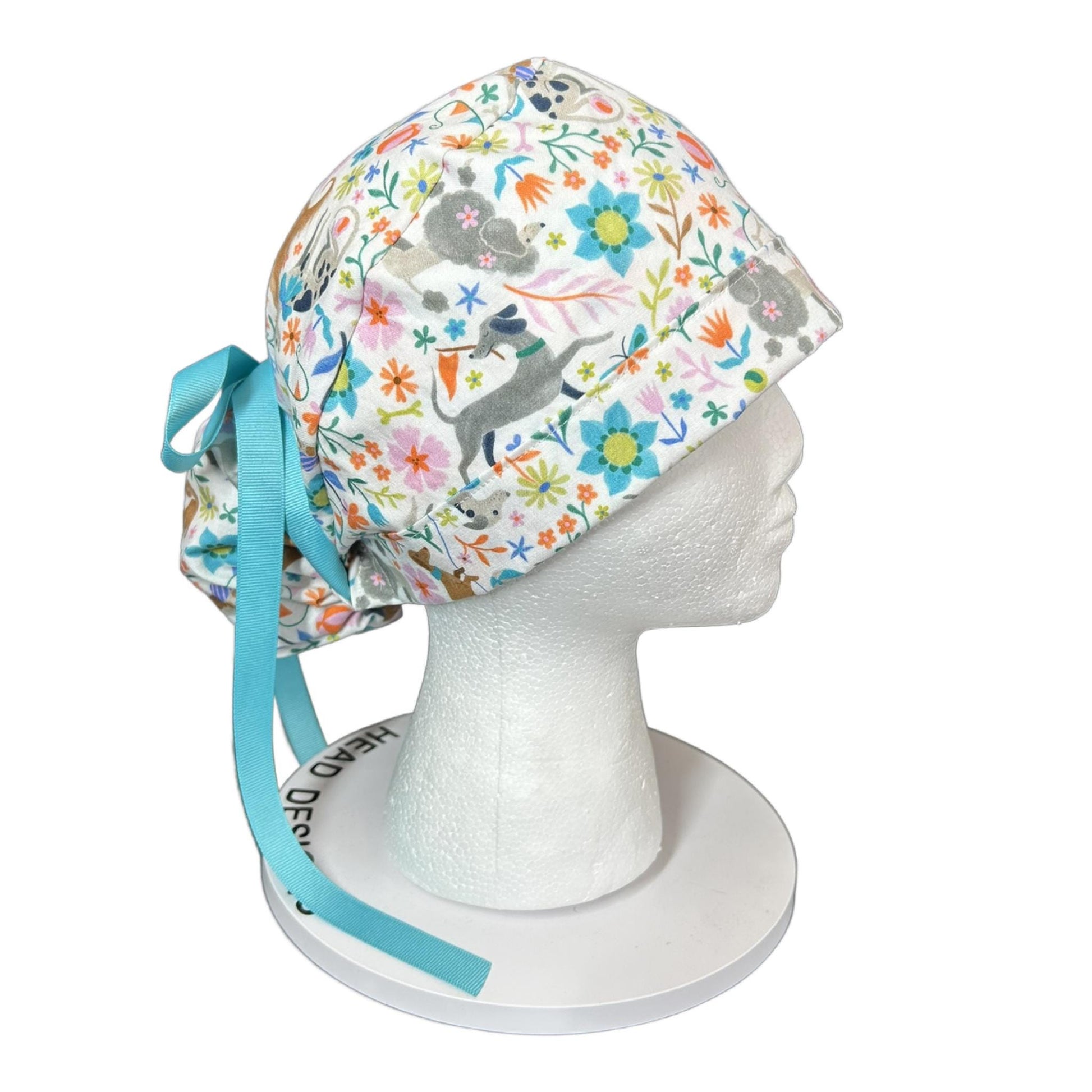 Ruff days spring dog print ponytail scrub cap, floral dog print premium ponytail scrub hat