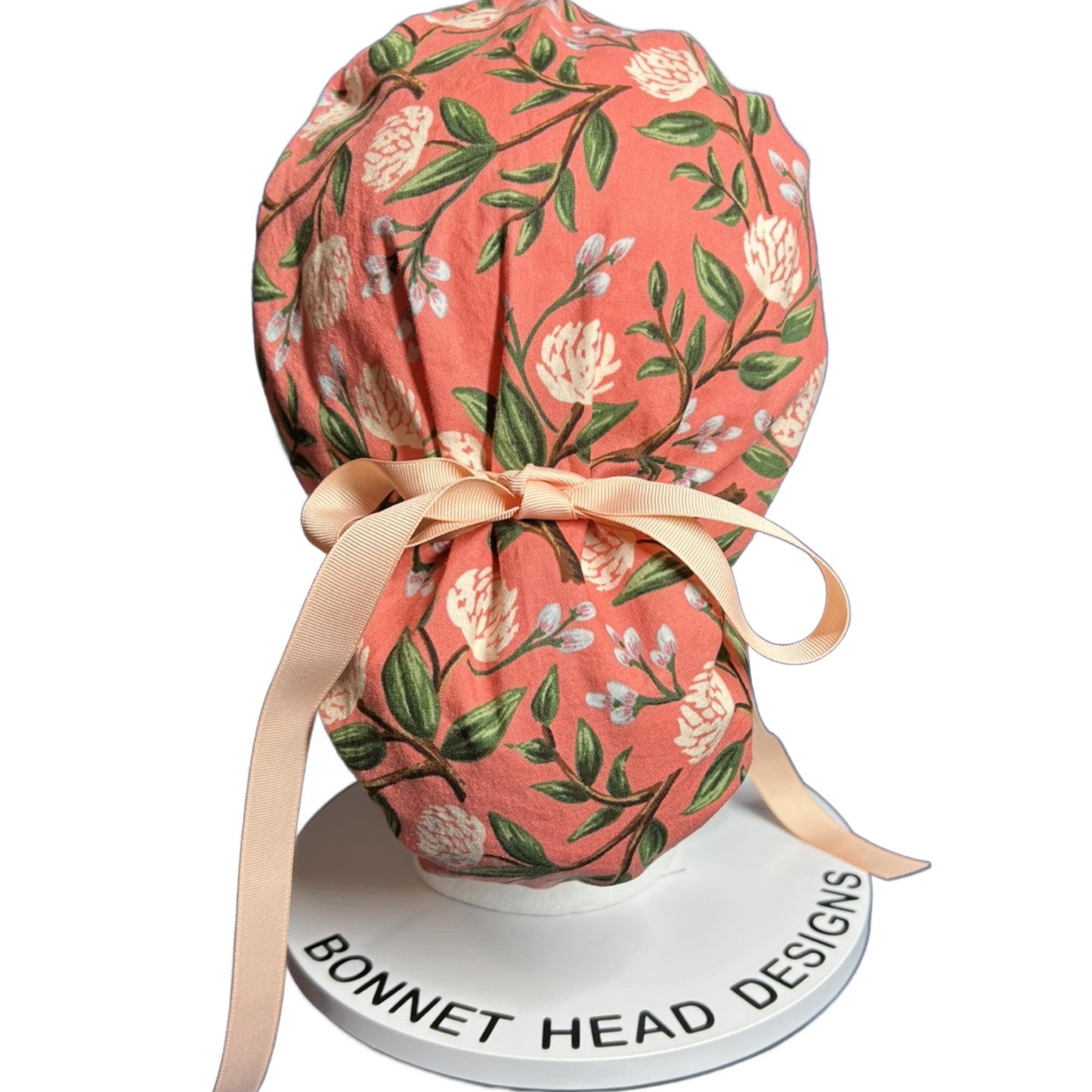 Pink peony spring floral ponytail scrub cap, Rifle Paper Co pink peonies premium scrub hat, Bonnet Head Designs