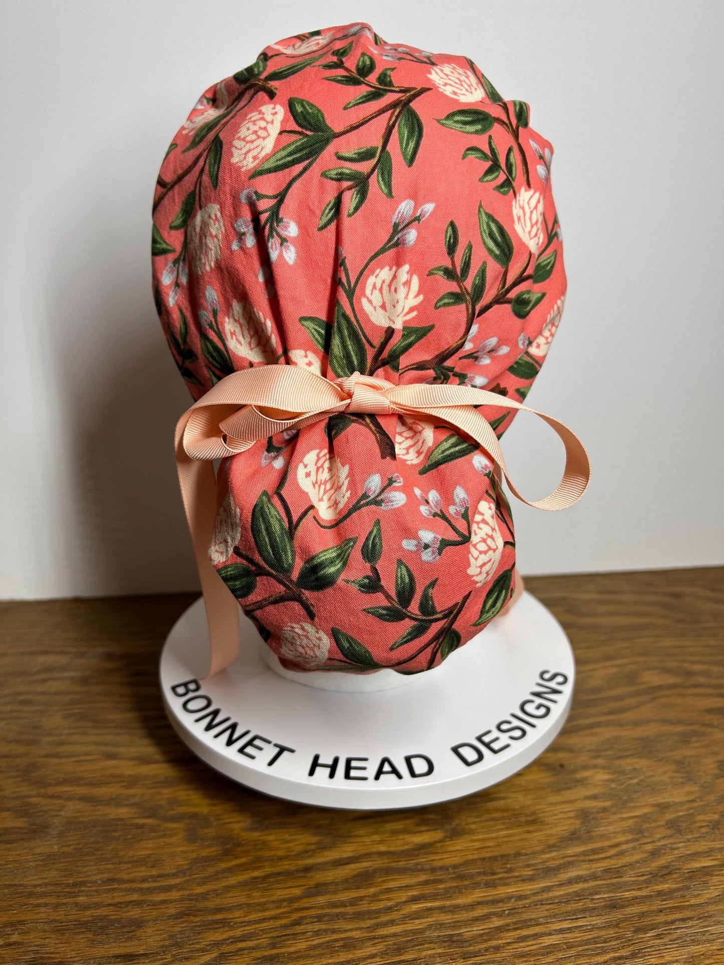 Pink peony spring floral ponytail scrub cap, Rifle Paper Co pink peonies premium scrub hat, Bonnet Head Designs