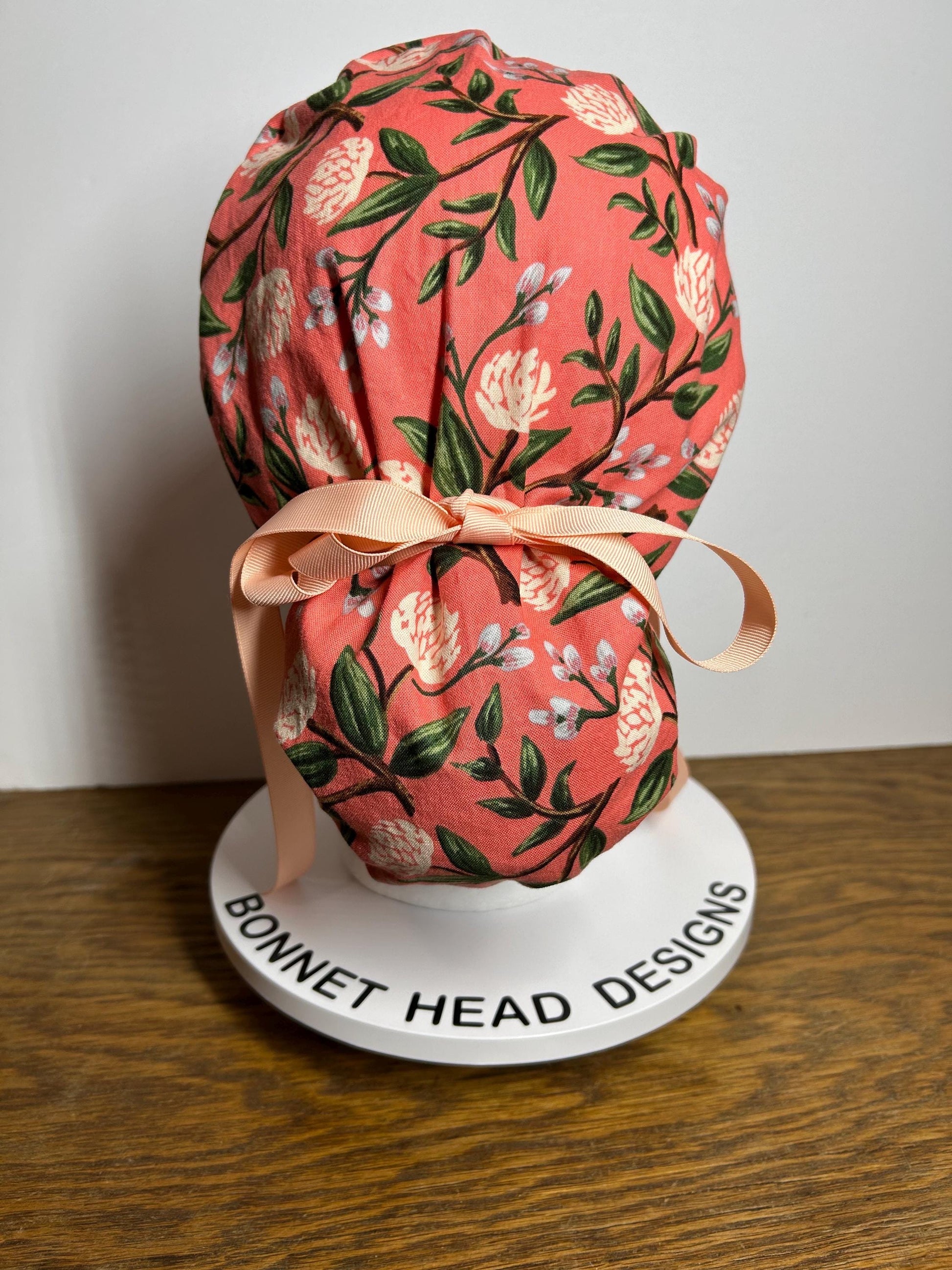 Pink peony spring floral ponytail scrub cap, Rifle Paper Co pink peonies premium scrub hat, Bonnet Head Designs
