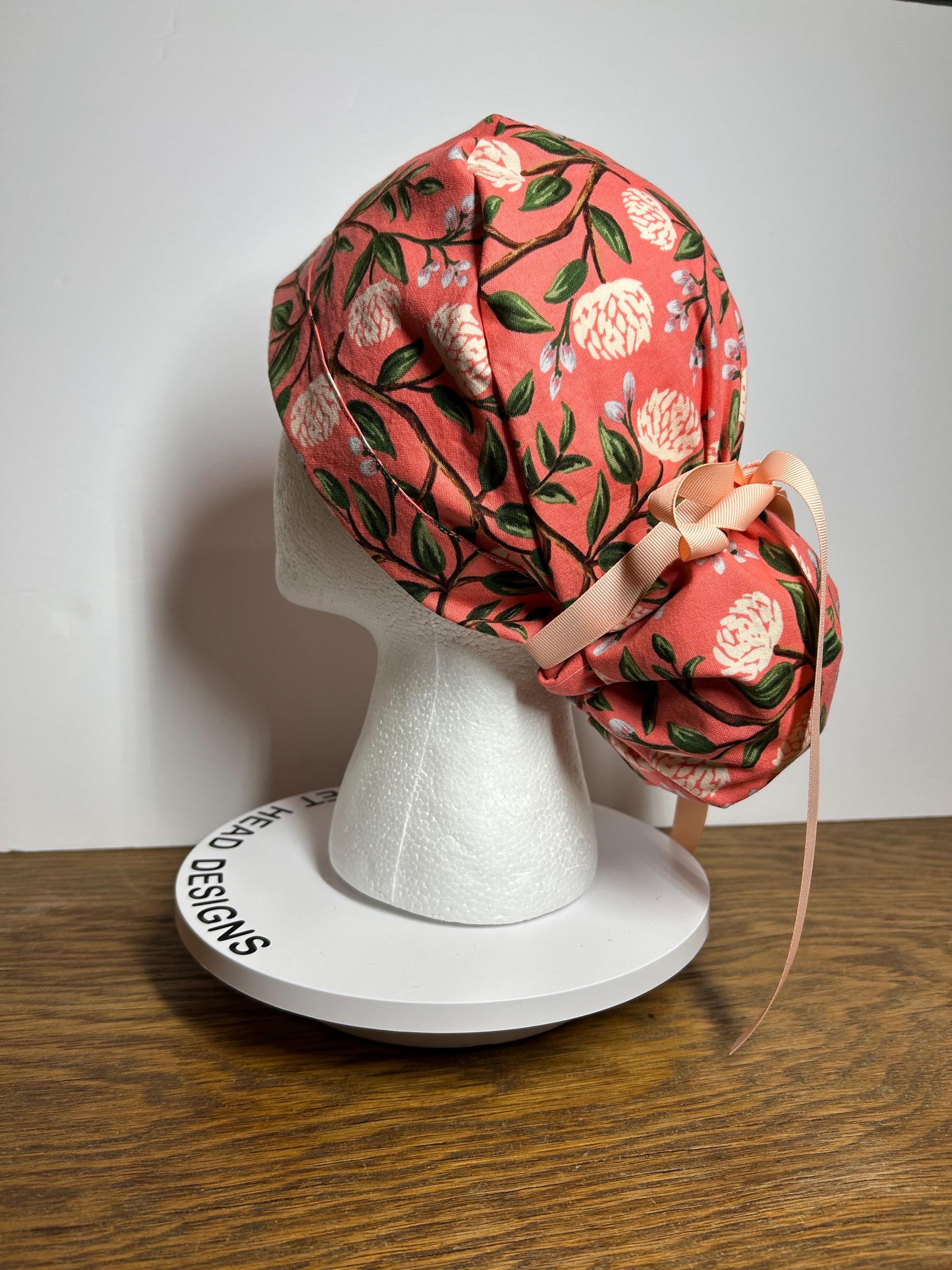 Pink peony spring floral ponytail scrub cap, Rifle Paper Co pink peonies premium scrub hat, Bonnet Head Designs
