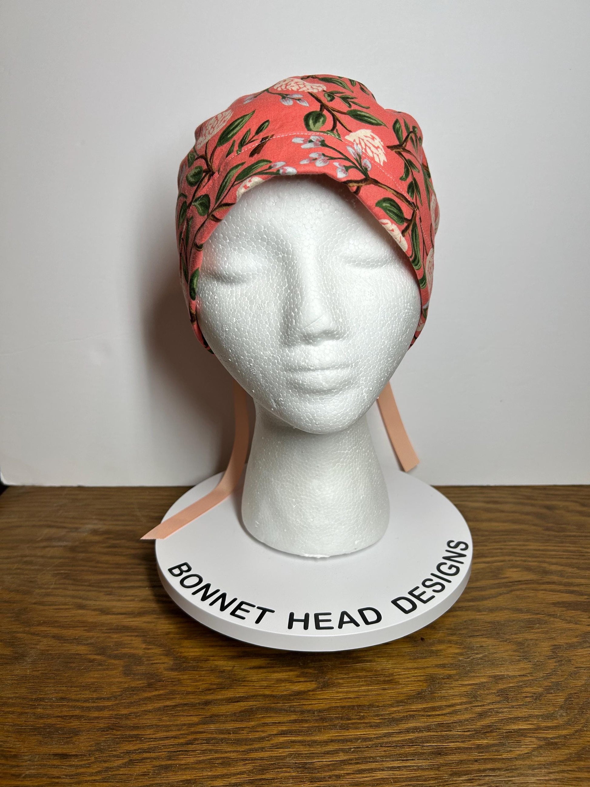 Pink peony spring floral ponytail scrub cap, Rifle Paper Co pink peonies premium scrub hat, Bonnet Head Designs