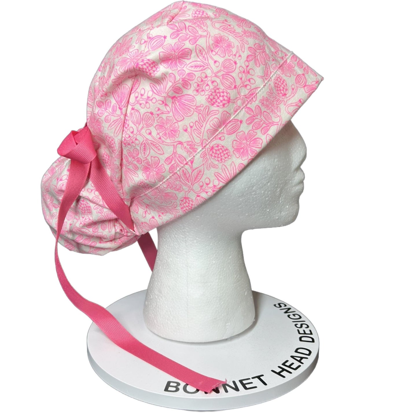 Rifle Paper Co neon pink moxie floral fabric scrub cap, women’s neon pink ponytail scrub hat, gift for nurse or doctor
