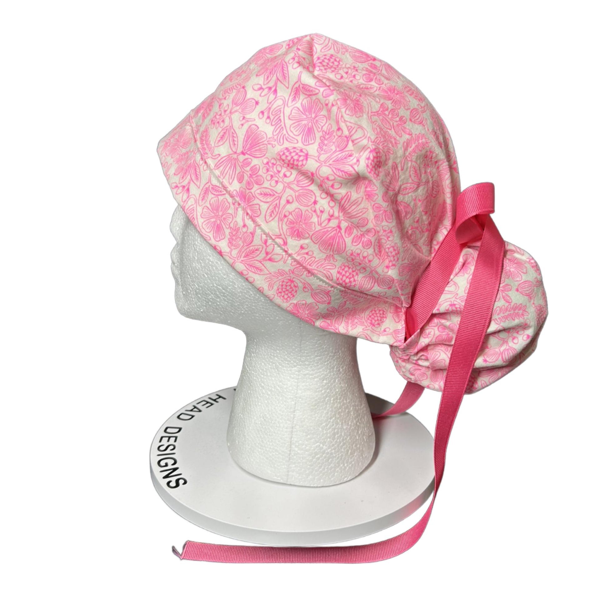 Rifle Paper Co neon pink moxie floral fabric scrub cap, women’s neon pink ponytail scrub hat, gift for nurse or doctor
