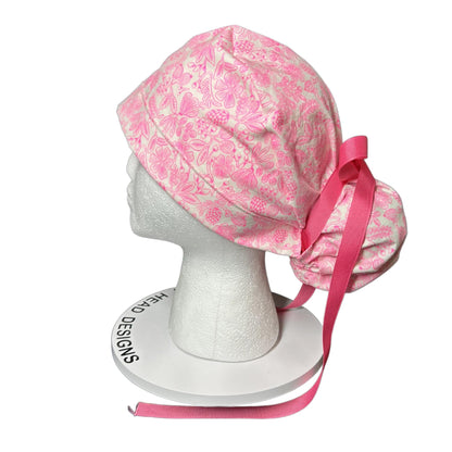 Rifle Paper Co neon pink moxie floral fabric scrub cap, women’s neon pink ponytail scrub hat, gift for nurse or doctor