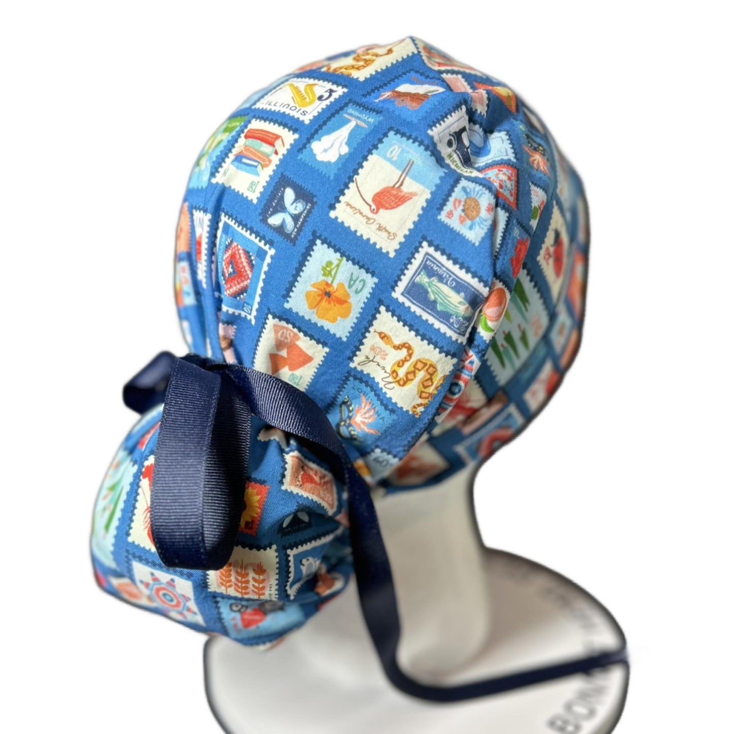 Cross Country ponytail scrub cap, state stamps print women’s scrub cap with satin lining option