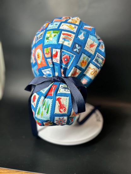 Cross Country ponytail scrub cap, state stamps print women’s scrub cap with satin lining option