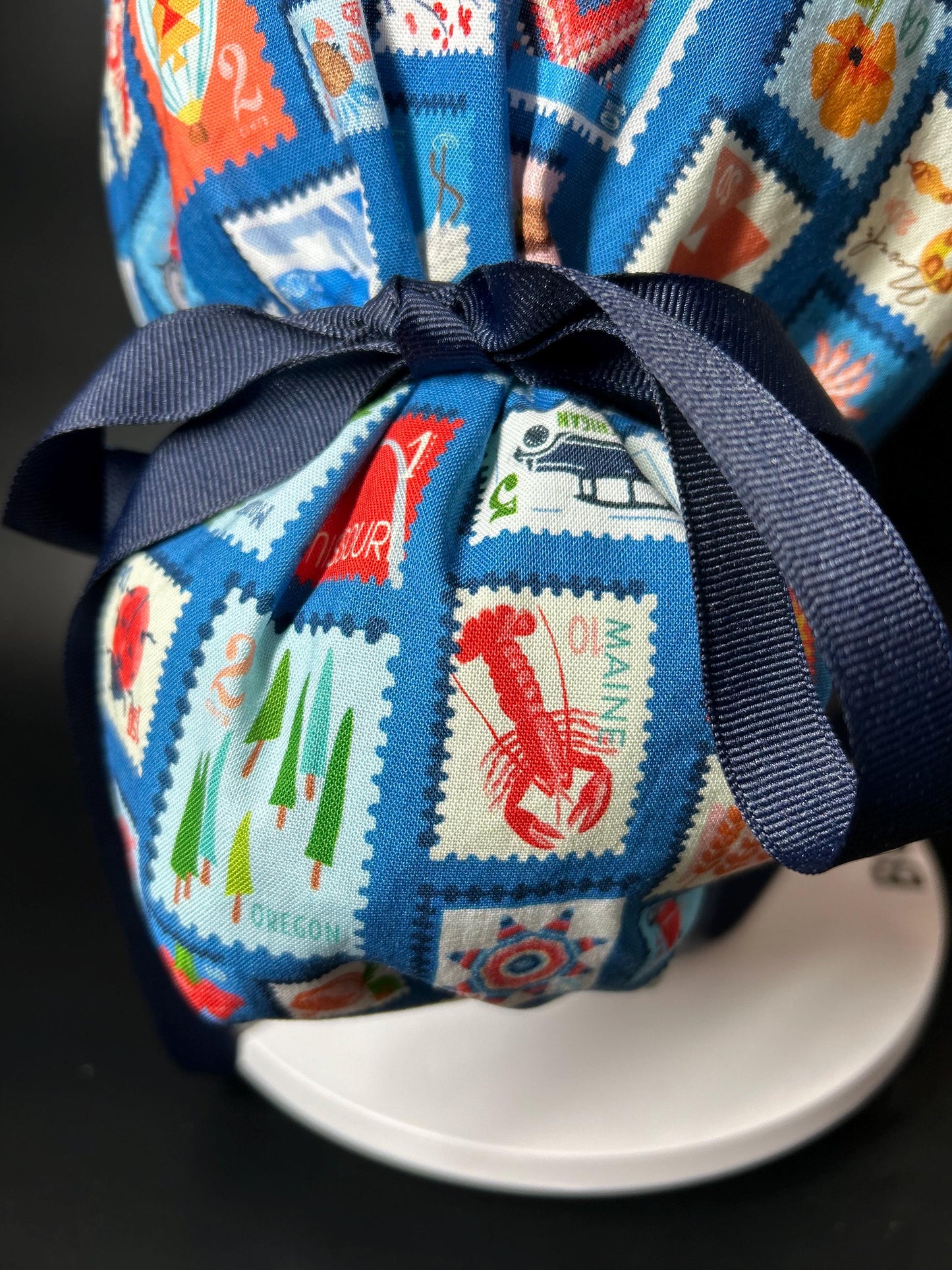 Cross Country ponytail scrub cap, state stamps print women’s scrub cap with satin lining option