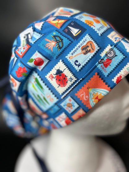 Cross Country ponytail scrub cap, state stamps print women’s scrub cap with satin lining option