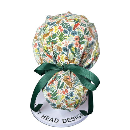 White jungle scrub cap, jungle print scrub cap, tiger print scrub hat, menagerie scrub hat, Bonnet Head Designs