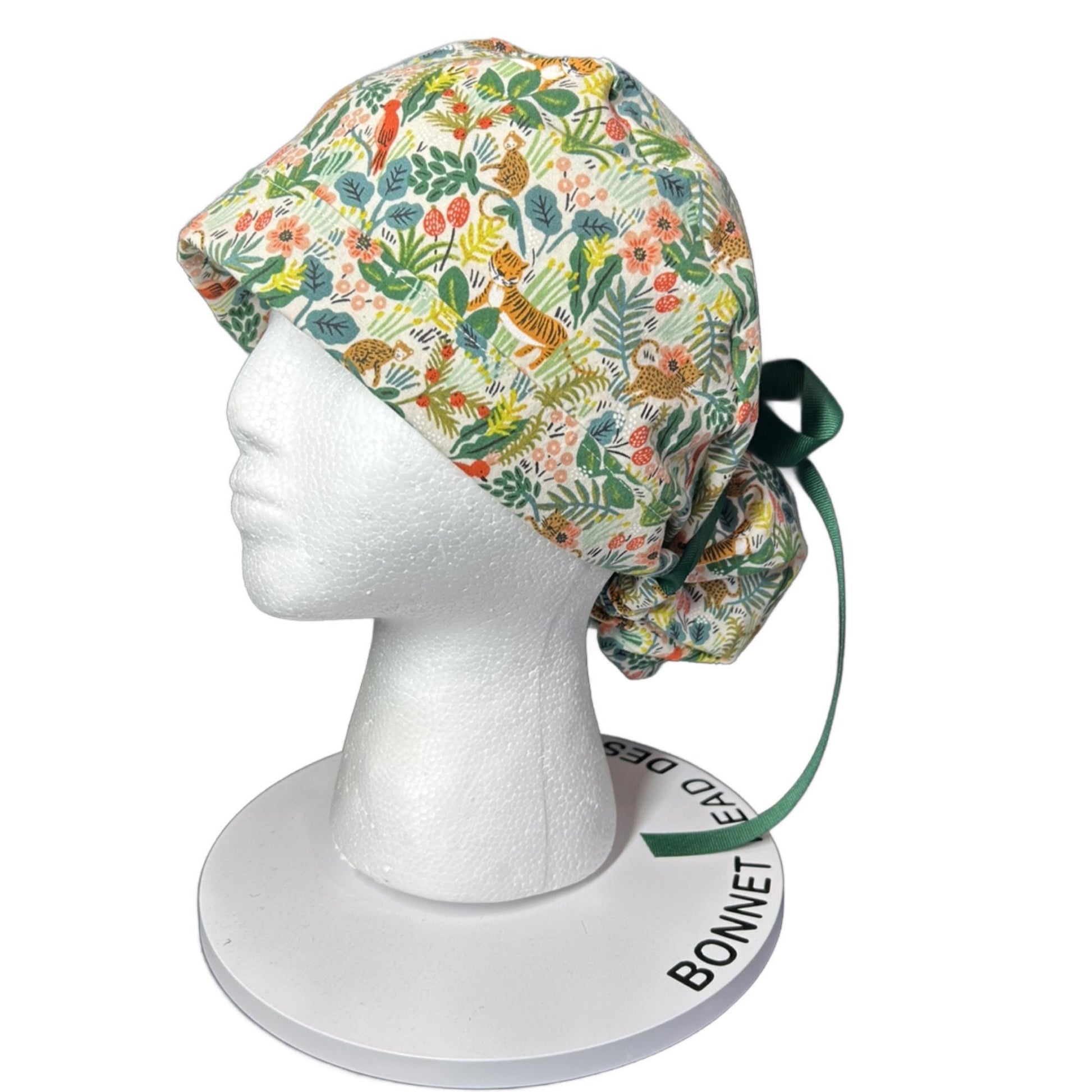 White jungle scrub cap, jungle print scrub cap, tiger print scrub hat, menagerie scrub hat, Bonnet Head Designs