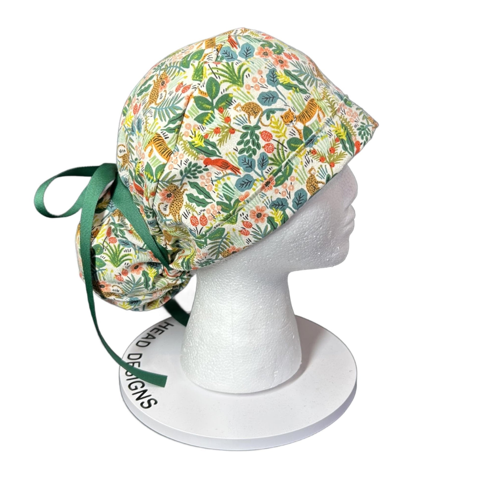 White jungle scrub cap, jungle print scrub cap, tiger print scrub hat, menagerie scrub hat, Bonnet Head Designs
