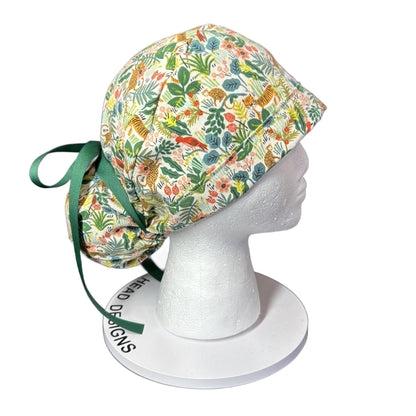 White jungle scrub cap, jungle print scrub cap, tiger print scrub hat, menagerie scrub hat, Bonnet Head Designs
