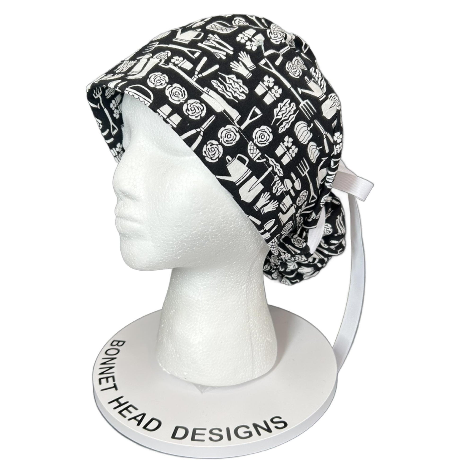 Spring gardening ponytail scrub hat, women’s garden print premium surgical cap, Bonnet Head Designs
