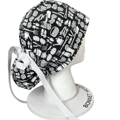 Spring gardening ponytail scrub hat, women’s garden print premium surgical cap, Bonnet Head Designs