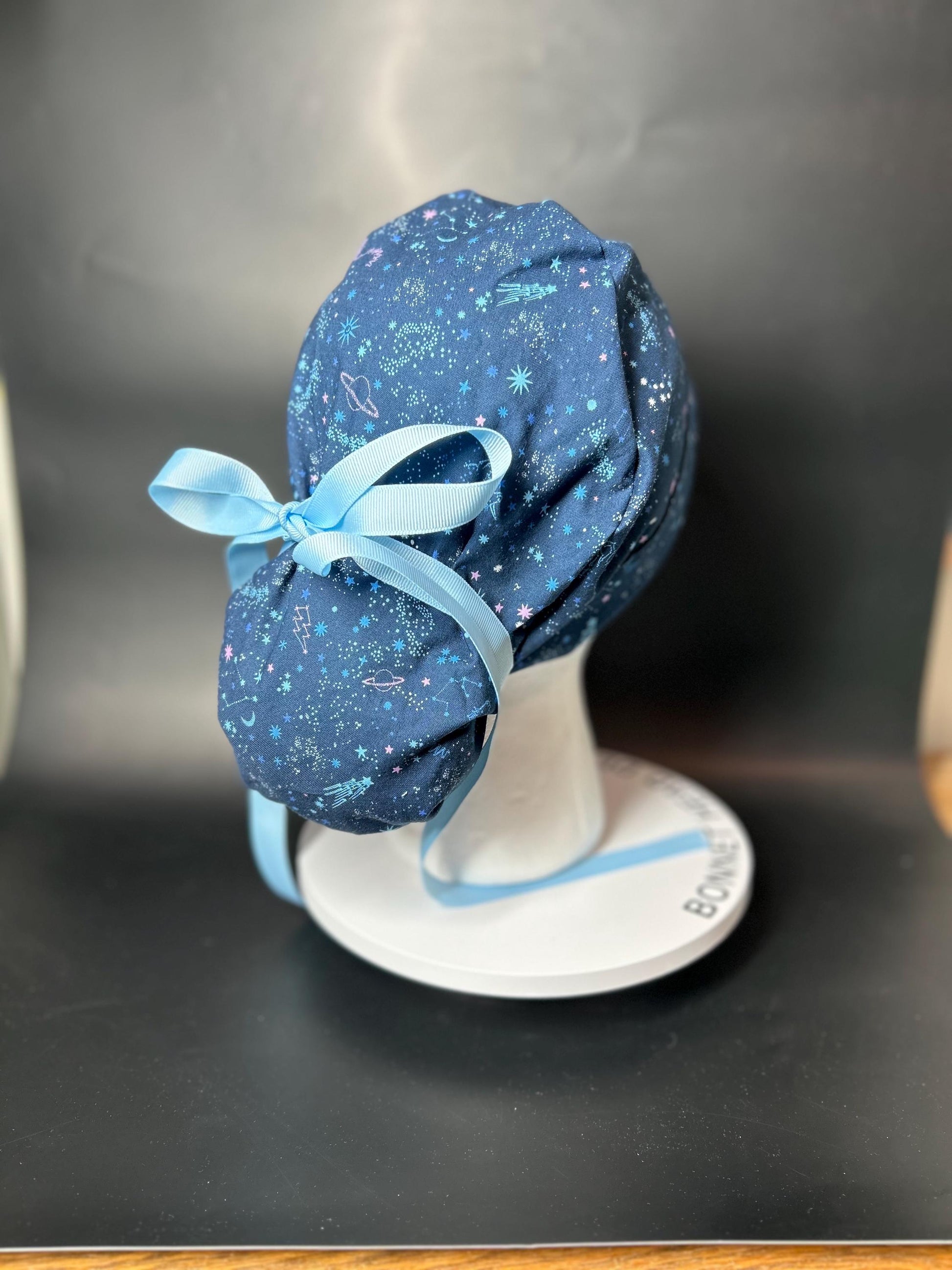 Stargazer Stella in Midnight unicorn stars ponytail scrub hat, women’s navy unicorns constellation star scrub cap