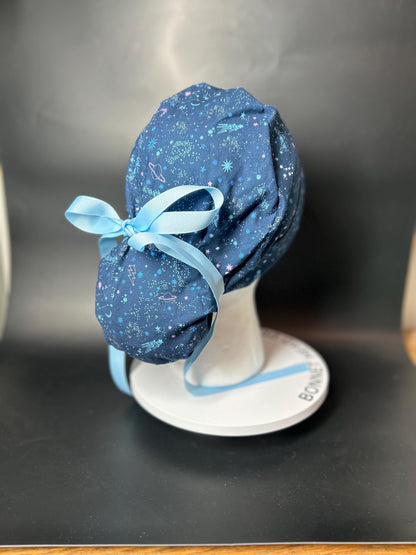 Stargazer Stella in Midnight unicorn stars ponytail scrub hat, women’s navy unicorns constellation star scrub cap