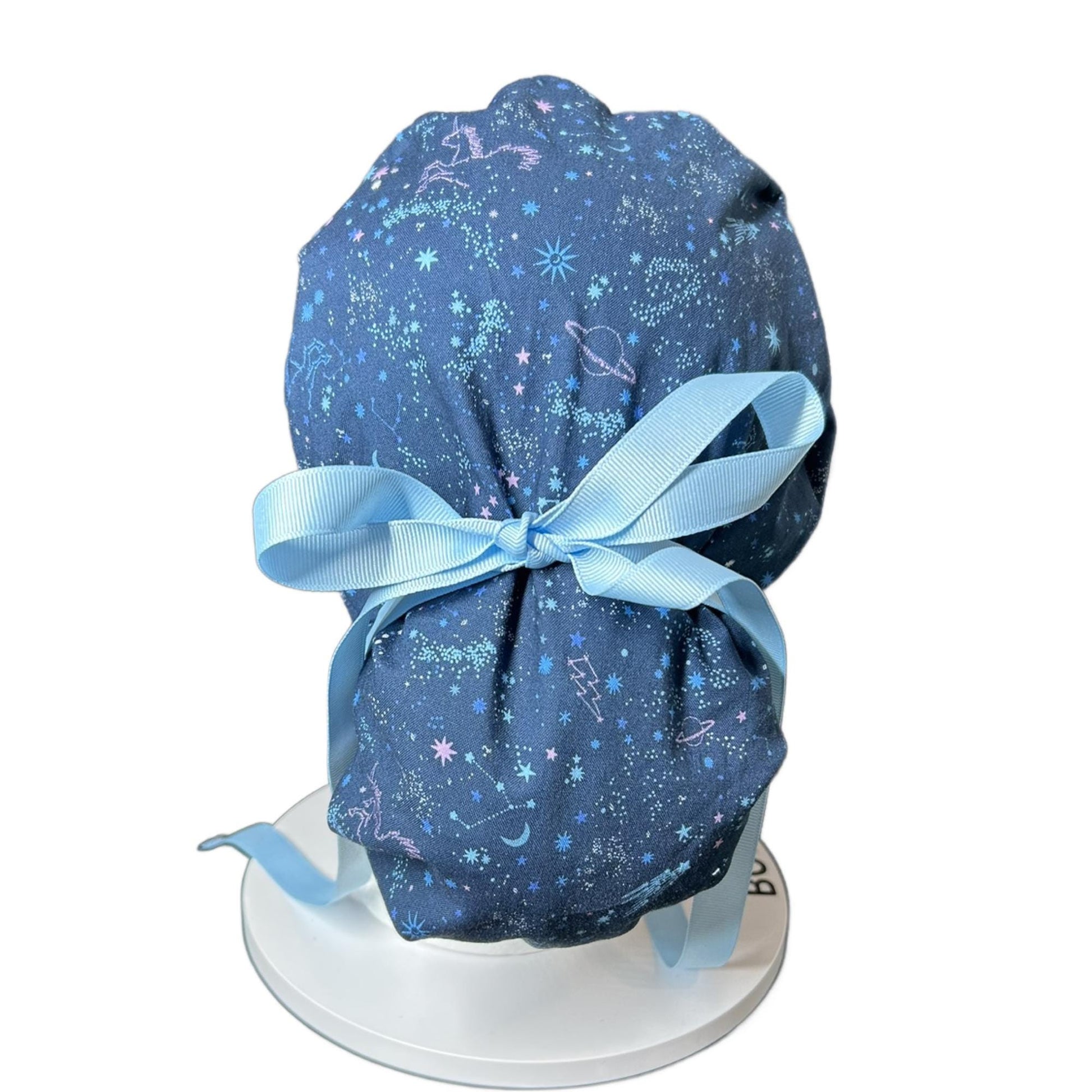 Stargazer Stella in Midnight unicorn stars ponytail scrub hat, women’s navy unicorns constellation star scrub cap